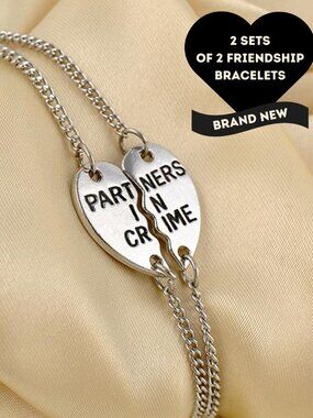 TWO Sets of 2 (4) Silver Plated Friendship Couples Bracelets Partners in Crime